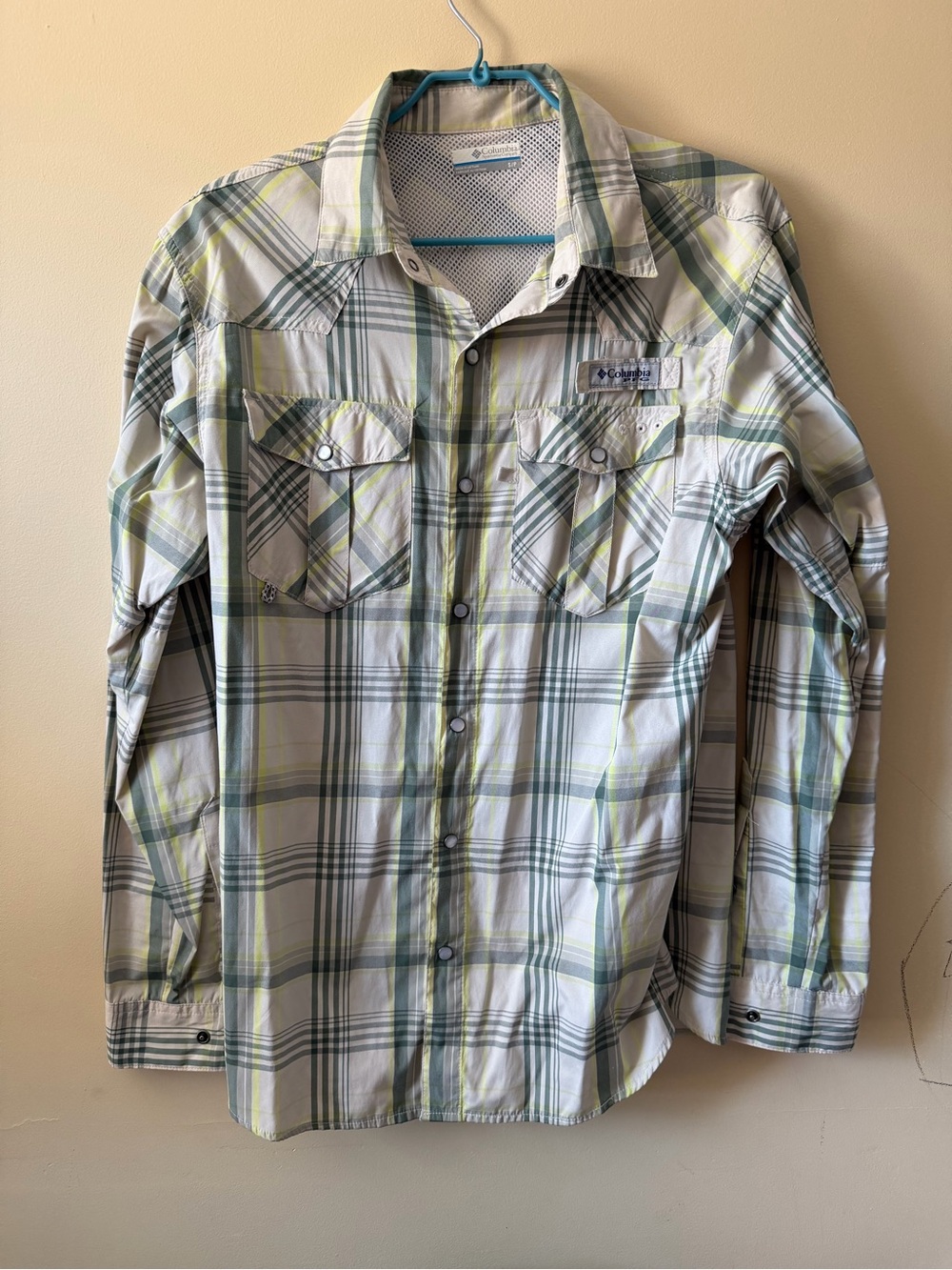 Columbia PFG  Plaid Button-Up Shirt - White, Green, Yellow